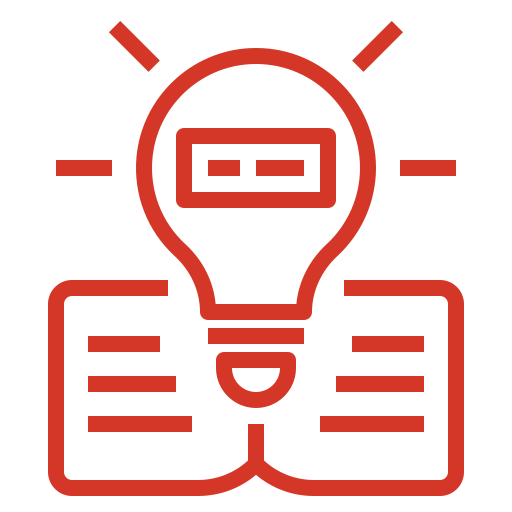 Icon of an open book with a lit lightbulb